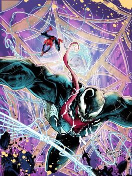 2boys animal_print highres long_tongue looking_at_viewer male_focus marvel monster_boy multiple_boys muscular muscular_male open_mouth pat_m_art sharp_teeth spider-man spider-man_(series) spider_print spider_web_print superhero_costume symbiote teeth tongue tongue_out venom_(marvel) very_long_tongue