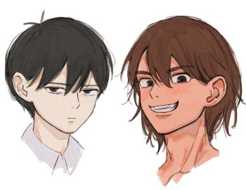 2boys antenna_hair black_eyes black_hair blush brown_hair closed_mouth collared_shirt commentary dark-skinned_male dark_skin double-parted_bangs grin hair_between_eyes kel_(faraway)_(omori) kel_(omori) looking_at_viewer male_focus msdnno_kabe multiple_boys omori open_mouth shirt short_hair smile sunny_(omori) teeth white_shirt