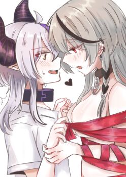 2girls absurdres black_streaks blush breasts cleavage collar commentary_request ear_piercing fang grey_hair heart heart_collar highres hololive horns la+_darknesss large_breasts long_hair multiple_girls naked_ribbon open_mouth piercing pointy_ears purple_hair purple_streaks red_eyes ribbon sakamata_chloe shirt simple_background smile sweat tora_(nanamiiill) virtual_youtuber white_background white_shirt yellow_eyes yuri