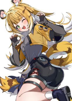 1girl absurdres animal_ear_fluff animal_ears blue_shoes blush bow claw_pose colored_inner_hair commentary_request from_side green_eyes grey_shirt high-waist_shorts highres jacket ju_fufu leg_up looking_at_viewer multicolored_hair nemun_(tamizzz) one_eye_closed open_mouth orange_fur shirt shirt_tucked_in shoes shorts simple_background socks solo striped_fur striped_hair tail tail_bow tail_ornament thigh_strap tiger_ears tiger_girl tiger_stripes tiger_tail white_background white_socks yellow_jacket zenless_zone_zero