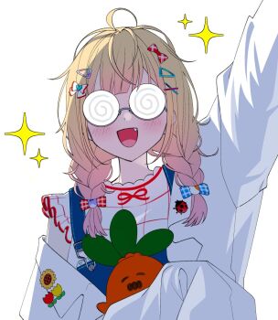 1girl ahoge arm_up blonde_hair blue_overalls blush bow braid center-flap_bangs coat coke-bottle_glasses commentary fang fangs frilled_shirt frills glasses gradient_hair hair_bow hair_ornament hairclip happy hashtag-only_commentary holding hololive lab_coat looking_at_viewer low_twin_braids momosuzu_nene momosuzu_nene_(7th_costume) multicolored_hair nekko_(momosuzu_nene) open_mouth overalls pink_hair plaid_clothes plaid_shirt shirt single_off_shoulder smile sparkle symbol-only_commentary twin_braids upper_body uuoftn virtual_youtuber white_background white_coat white_shirt
