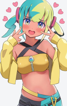 1girl :d belt black_belt blue_eyes blush canari_(pokemon) collarbone commentary_request hands_up happy heart highres long_sleeves melili nail_polish navel nintendo off_shoulder open_mouth pants pokemon pokemon_legends:_z-a simple_background sleeves_past_wrists smile solo twintails v w white_background yellow_nails