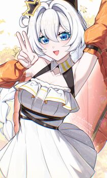1girl absurdres ahoge blue_eyes breasts cleavage_cutout clothing_cutout commentary_request crown cutescookie dress highres honkai_(series) honkai_impact_3rd jacket kiana_kaslana large_breasts long_hair looking_at_viewer open_mouth orange_jacket simple_background smile solo v very_long_hair white_dress white_hair