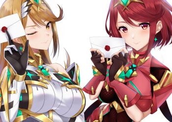 2girls absurdres black_gloves blonde_hair bob_cut breasts chest_jewel dress earrings elbow_gloves fingerless_gloves floating_earrings gloves headpiece highres jewelry large_breasts long_hair multiple_girls mythra_(massive_melee)_(xenoblade) mythra_(xenoblade) nintendo one_eye_closed pyra_(xenoblade) red_eyes red_hair revision short_dress short_hair smash_invitation super_smash_bros. super_smash_bros._logo swept_bangs tiara very_long_hair white_gloves xenoblade_chronicles_(series) xenoblade_chronicles_2 yellow_eyes yuuki_shin