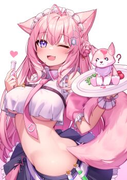 1girl animal_ears antenna_hair braid breasts butt_crack deaver hair_between_eyes hakui_koyori hakui_koyori_(1st_costume) highres hololive long_hair lowleg pink_hair shirt simple_background skirt smile solo virtual_youtuber white_background wolf_ears