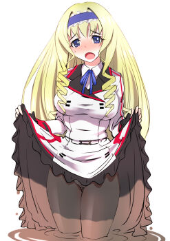 10s 1girl blonde_hair blue_eyes blush breasts cecilia_alcott clothes_lift drill_hair female_focus hairband highres infinite_stratos large_breasts lifting_own_clothes long_hair looking_at_viewer mud onsen_tengoku open_mouth pantyhose school_uniform skirt skirt_lift solo