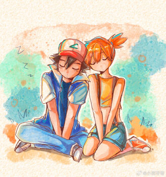 1boy 1girl artist_request ash_ketchum bare_arms baseball_cap between_legs black_hair blue_jacket blue_pants blue_shorts closed_eyes closed_mouth crop_top denim denim_shorts eyelashes gen_1_pokemon grass green_shorts hair_between_eyes hair_tie hand_between_legs hat hetero jacket midriff misty_(pokemon) navel nintendo open_clothes open_jacket orange_hair orange_shirt pants pokemon pokemon_(anime) pokemon_(classic_anime) ponytail shirt shoes short_hair short_sleeves shorts side_ponytail sitting sleeping sleeping_on_person sleeping_upright sleeveless sleeveless_jacket sleeveless_shirt sneakers socks source_request suspenders yellow_shirt zzz