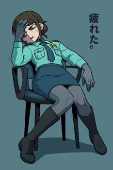 Rule 34 | 1girl, absurdres, bags under eyes, bean52623818, blue background, blue shirt, bodysuit, bodysuit under clothes, brown eyes, chair, commentary, commentary request, english commentary, hair bun, hand on own face, highres, kanzaki ryouko, knees together feet apart, long sleeves, looking to the side, milky galactic universe, milky subway, mixed-language commentary, necktie, open mouth, pencil skirt, police, police uniform, policewoman, ponytail, shirt, simple background, sitting, skirt, solo, translation request