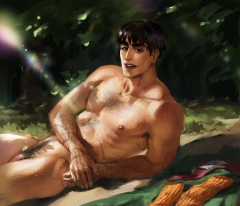 1boy annas_anya arm_hair black_eyes black_hair chest_hair commentary covered_navel english_commentary green_shirt highres leg_warmers legs lens_flare lips looking_at_viewer lying male_focus male_pubic_hair multiple_scars muscular muscular_male naruto_(series) navel nipples nose on_back open_mouth orange_leg_warmers outdoors pectorals penis pubic_hair rock_lee scar shirt short_hair solo stomach teeth thick_eyebrows thighs wet