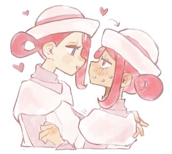 2girls arm_around_shoulder arrow_(symbol) blush chamopichamo dress dual_persona eye_contact from_side hair_rings half-closed_eyes hand_on_another&#039;s_shoulder hat joy_(pokemon) joy_(pokemon_legends:_z-a) long_sleeves looking_at_another multiple_girls nervous nintendo nurse nurse_cap open_mouth pink_hair pink_shirt pokemon pokemon_legends:_z-a profile shirt single_sidelock smile sweatdrop turtleneck white_dress yuri