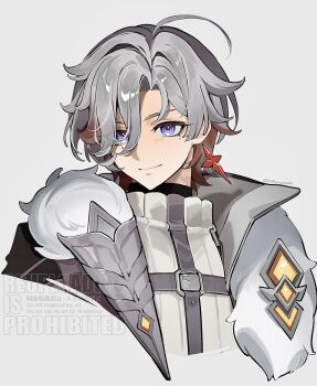 1boy blue_eyes brown_hair closed_mouth coat commentary_request cropped_torso earrings genshin_impact gradient_hair grey_background grey_hair hair_between_eyes highres illuga_(genshin_impact) jewelry looking_at_viewer male_focus mole mole_under_eye multicolored_hair open_clothes open_coat scar scar_on_neck simple_background single_earring sky_yoichi solo upper_body watermark