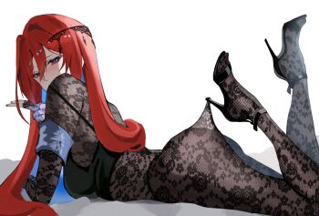 Rule 34 | 1girl, alternate costume, armband, ass, black bra, blowing kiss, blue armband, blue hair, blush, bra, breasts, colored inner hair, commentary request, covered mouth, elizabeth rose bloodflame, feet up, hair between eyes, hair ornament, high heels, highres, hololive, hololive english, hooked on heel, jewelry, lace bodysuit, lace pantyhose hooked on heel (meme), long hair, looking at viewer, lying, meme, multicolored hair, on stomach, photo-referenced, red eyes, red hair, sideboob, solo, underwear, virtual youtuber, yato (yama0x1)