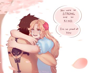 Rule 34 | 1boy, 1girl, arm tattoo, artist name, black hair, blonde hair, brown hair, caydeus, cherry blossoms, commentary, dress, english text, flower, freckles, hair flower, hair ornament, hibiscus, hug, jolly roger, long hair, mother and child, mother and son, one piece, parent and child, portgas d. ace, portgas d. rouge, puffy short sleeves, puffy sleeves, short sleeves, speech bubble, tattoo, tears, untranslatable commentary, whitebeard pirates jolly roger