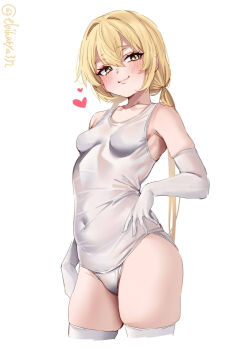 1girl bare_shoulders blonde_hair bloomers blush breasts closed_mouth collarbone commentary_request covered_navel cropped_legs ebifurya elbow_gloves gloves hair_between_eyes hair_intakes heart highres kantai_collection long_hair looking_at_viewer low_twintails old_school_swimsuit one-hour_drawing_challenge one-piece_swimsuit satsuki_(kancolle) school_swimsuit simple_background small_breasts smile solo swimsuit thighhighs twintails twitter_username underwear very_long_hair white_background white_bloomers white_one-piece_swimsuit white_thighhighs yellow_eyes