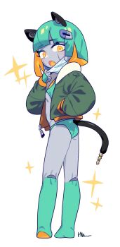 1girl :o absurdres aqua_bikini aqua_hair ass audio_jack bikini blonde_hair blunt_bangs blush bob_cut bomber_jacket cable cable_tail clothing_cutout colored_inner_hair colored_skin dot_nose fang flat_ass flat_chest from_behind green_jacket grey_skin hair_ornament hamma hand_in_pocket highres jacket kneehighs looking_at_viewer looking_back mask mask_pull mechanical_ears mechanical_tail medium_hair mint_star_(hamma) mouth_mask multicolored_hair open_clothes open_jacket open_mouth original signature simple_background socks solo sparkle swimsuit tail tail_through_clothes white_background yellow_eyes zipper_pull_tab