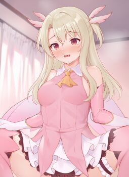 1girl absurdres blush boots fate/grand_order fate/kaleid_liner_prisma_illya fate_(series) feather_hair_ornament feathers gloves hair_ornament highres illyasviel_von_einzbern loli magical_girl open_mouth pink_boots pink_feathers prisma_illya red_eyes solo vividrabbit white_hair