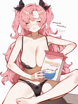 1girl black_bra black_panties bra breasts cereal_box chui_art closed_eyes eating food highres holding holding_food large_breasts long_hair mole mole_on_breast nicole_demara panties pink_hair simple_background sitting solo two_side_up underwear underwear_only white_background zenless_zone_zero