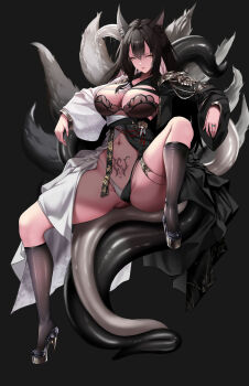 1girl animal_ears black_background black_bra black_hair black_panties black_socks blush bra breasts commission fox_ears fox_girl fox_tail full_body high_heels highleg highleg_panties highres japanese_clothes kimono kitsune kyuubi large_breasts looking_at_viewer mad_kimo multicolored_kimono multiple_tails navel open_clothes original panties pubic_tattoo simple_background sitting socks solo spread_legs tail tattoo tentacles underwear white_hair yellow_eyes