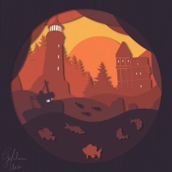 boat circle cod corruption dredge_(video_game) forest gelatinousursa grouper_(fish) highres house lighthouse limited_palette mackerel_(fish) nature no_humans orange_theme painterly scenery silhouette sun tarpon_(fish) tree watercraft