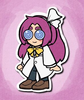 Rule 34 | 1girl, asakura rikako, bow, bowtie, brown shoes, closed lab coat, coke-bottle glasses, glasses, hair ribbon, hairband, highres, lab coat, long coat, long hair, long sleeves, mcsquiddies, pants, paper mario (style), purple hair, ribbon, shoes, smile, touhou, touhou (pc-98), yellow bow, yellow bowtie