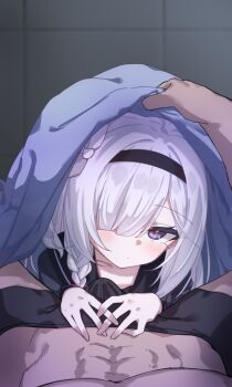 1boy 1girl black_eyes black_hairband black_male_underwear black_shirt blue_archive braid bulge closed_mouth collarbone commentary_request dot_mouth dot_nose grey_hair hair_over_one_eye hairband hetero light_blush loli looking_at_viewer male_underwear missing_halo monyosato paid_reward_available partial_commentary plana_(blue_archive) pov pov_crotch pov_hands red_pupils shirt single_braid under_covers underwear