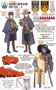 3girls absurdres armored_train black_boots black_pantyhose blue_archive blue_coat blue_hat boots coat colt_1860_army commentary_request cowboy_boots duster_coat female_service_cap grey_hair gulyas gun halo hat henry_rifle highlander_railway_academy_student_(hg)_(blue_archive) highlander_railway_academy_student_(sg)_(blue_archive) highres holding holding_gun holding_weapon information_sheet kepi korean_text lever_action mexican_clothes military_hat multiple_girls pantyhose patch poncho robot shoulder_patch sombrero spurs translation_request weapon