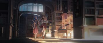 3girls arch black_jacket blue_hair blurry book book_stack bookshelf brown_eyes brown_hair brown_shoes brown_skirt commentary day depth_of_field dress dropping english_commentary fine_art_parody glasses hat highres holding holding_book holding_unworn_clothes holding_unworn_hat indoors jacket ladder library long_hair long_sleeves looking_at_another mavv mona_lisa multiple_girls original ottoman_(furniture) parody red_dress scenery shirt shoes skirt standing table unworn_hat unworn_headwear walking white_shirt wide_shot wide_sleeves window window_shadow wooden_floor wooden_table