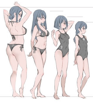 1girl age_progression arm_up arms_behind_back arms_up bikini black_bikini black_one-piece_swimsuit blue_eyes blue_hair blush bob_cut breasts cameltoe collarbone commentary_request covered_erect_nipples covered_navel covered_pussy full_body gluteal_fold groin hair_bun halterneck highres looking_ahead medium_breasts multiple_views navel number_print one-piece_swimsuit original ponytail pukara side-tie_bikini_bottom simple_background standing swimsuit white_background
