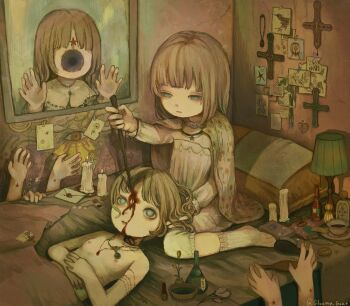 6+girls bed bleeding blood breasts brown_hair candle cape child's_drawing closed_mouth colored_sclera cross cyclops expressionless grey_sclera guro highres hippie holding horror_(theme) indoors jewelry kapura lap_pillow long_sleeves lying medium_hair multiple_girls necklace no_mouth no_nose nude on_back on_bed one-eyed original out_of_frame pillow ritual sitting small_breasts stab trepanning wariza