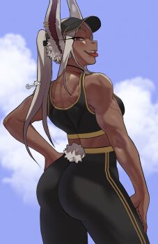 1girl :p animal_ears ass back black_sports_bra blush boku_no_hero_academia brown_eyes cloud cowboy_shot dark-skinned_female dark_skin eyelashes gud0c hand_on_own_hip high-waist_pants highres looking_at_viewer looking_back mirko muscular muscular_female pants ponytail rabbit_ears rabbit_girl rabbit_tail slit smile solo sports_bra tail teeth tongue tongue_out veins visor_cap white_hair