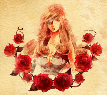 1girl beatrix breasts brown_eyes brown_hair cleavage commentary_request eyepatch female_focus final_fantasy final_fantasy_ix flower large_breasts lipstick long_hair makeup solo takanamushi