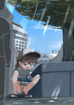 1girl absurdres anus bar_censor baseball_cap blue_shorts blush breasts brown_eyes brown_hair building censored clothes_pull cloud collarbone denim denim_shorts grey_hat grey_shirt hands_on_own_knees hat highres hotel light_rays loli long_hair looking_down open_mouth original panties panty_pull pee_stain peeing ponytail puddle purple_shoes pussy shirt shoes short_sleeves shorts shorts_pull sky small_breasts sneakers spread_legs squatting stained_panties sunbeam sunlight tree udonko_(tinanago7715) underwear white_panties