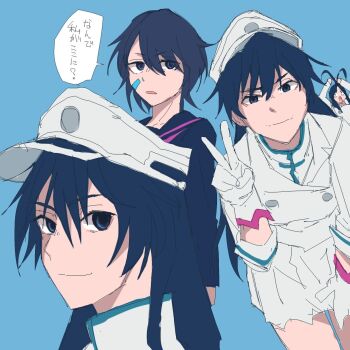 4girls antenna_hair bambietta_basterbine bandaid bandaid_on_face black_eyes black_hair black_serafuku bleach blue_background buttons clone coat giselle_gewelle gloves hair_between_eyes hair_over_one_eye hand_up hat highres hugekeytaro kuchiki_rukia long_hair long_sleeves looking_at_another looking_at_viewer miniskirt multiple_girls neckerchief open_mouth parted_bangs parted_lips pink_neckerchief school_uniform serafuku shirt short_hair sidelocks simple_background skirt sleeves_rolled_up smile speech_bubble striped_clothes striped_coat striped_gloves striped_hat striped_shirt surprised thighs trench_coat turtleneck turtleneck_shirt v vertical-striped_clothes vertical-striped_shirt white_coat white_gloves white_hat white_shirt white_skirt