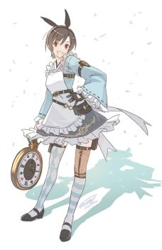 1girl apron argyle_clothes argyle_thighhighs asymmetrical_legwear black_gloves brown_eyes clock commentary_request decoponmagi final_fantasy final_fantasy_vii final_fantasy_vii:_ever_crisis frilled_skirt frilled_sleeves frills full_body gloves highres looking_at_viewer short_hair skirt smile solo striped_clothes striped_thighhighs thighhighs uneven_legwear white_apron yuffie_kisaragi yuffie_kisaragi_(bunny_apron)