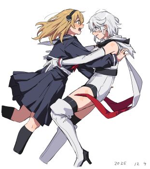 Rule 34 | 2girls, bare shoulders, black headband, black sailor collar, black shirt, black skirt, black socks, blonde hair, blush, bracelet, elbow gloves, eye mask, gloves, headband, heart-shift bracelets, highres, hooded leotard, jewelry, kneehighs, koishikawa iko, leotard, long skirt, long sleeves, mask, multiple girls, open mouth, pleated skirt, red eyes, sailor collar, shirt, short hair, shy (character), shy (series), simple background, skirt, socks, sweatdrop, takatisakana, teeth, white background, white gloves, white hair, white leotard, yellow eyes, yuri