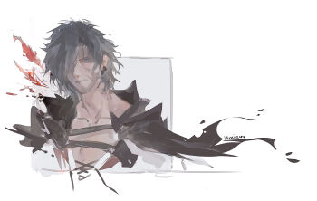 1boy absurdres artist_name beard_stubble black_cloak black_hair blue_eyes border chest_strap clive_rosfield cloak closed_mouth earrings facial_hair facial_scar final_fantasy final_fantasy_xvi grey_background hair_over_one_eye highres hood hood_down hooded_cloak jewelry male_focus pectorals scar scar_on_cheek scar_on_face solo stubble umie44 white_border