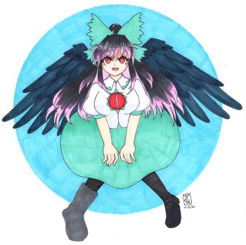 Rule 34 | 1girl, asymmetrical footwear, bird wings, black hair, black wings, blue background, bow, breasts, colored tips, commentary, dated, green bow, hair bow, highres, long hair, looking at viewer, mismatched footwear, multicolored hair, open mouth, pink hair, red eyes, reiuji utsuho, short sleeves, sidelocks, signature, smile, solo, teeth, thatkirisame, touhou, upper teeth only, wings