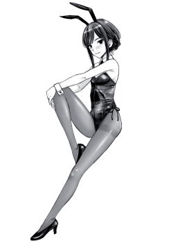 1girl blood_alone braid commentary_request flat_chest full_body greyscale highres knee_up leotard long_hair looking_at_viewer misaki_minato monochrome pantyhose playboy_bunny sidelocks simple_background smile solo takano_masayuki