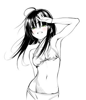 1girl :d ahoge alternate_costume arm_behind_back arm_up armpits bikini black_hair blunt_ends blush breasts cleavage collarbone cowboy_shot eyes_visible_through_hair floating_hair green_eyes grin hair_between_eyes halterneck highres hitachi_mako looking_at_viewer medium_breasts navel open_mouth partially_colored senren_banka short_hair_with_long_locks simple_background sketch smile solo stomach straight_hair swimsuit underboob uoouchan white_background