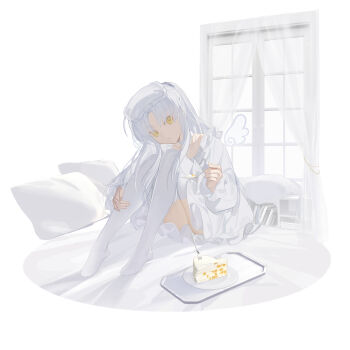 1girl alternate_costume angel_beats! angel_wings book book_stack cake cake_slice chinese_commentary choker closed_mouth collarbone commentary_request curtains dress expressionless food fork frilled_dress frilled_sleeves frills full_body hair_between_eyes half_updo hand_up highres holding holding_fork hugging_own_legs incoming_food indoors knees_up leaning_forward long_hair looking_at_viewer newflame no_shoes on_bed parted_bangs pillow plate ponytail short_dress sidelocks simple_background sitting sleep_mask sleeves_past_wrists solo tachibana_kanade thighhighs white_background white_choker white_dress white_hair white_theme white_thighhighs white_wings window wings yellow_eyes