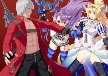 abs angry behemoth belt biting_arm blonde_hair coat commission confused dante_(devil_may_cry) demon_girl demon_horns devil_may_cry devil_may_cry_(series) devil_may_cry_3 gas_mask high_ponytail horns leviathan_(the_seven_deadly_sins) lucifer_(the_seven_deadly_sins) mask name_connection navel pentagram pointy_ears ponytail purple_hair rebellion_(sword) red_eyes scene_reference skeb_commission striped_clothes striped_thighhighs studded_belt surprised sword sword_on_back the_seven_deadly_sins thighhighs trench_coat weapon weapon_on_back white_hair yagi2013