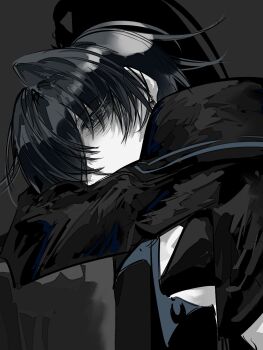 1girl ado_(utaite) black_eyes black_hair black_shirt cloud commentary_request grey_background highres long_hair looking_at_viewer mizume_namida naima_(ado) shirt simple_background solo upper_body usseewa