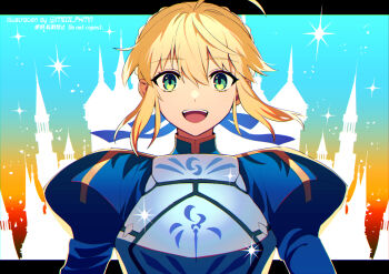 1girl :d ahoge armor artist_name artoria_pendragon_(fate) blonde_hair braid breastplate castle commentary_request dress fate/grand_order fate/stay_night fate_(series) green_eyes hair_ribbon happy juliet_sleeves long_sleeves meiji_ken open_mouth puffy_sleeves ribbon saber_(fate) smile solo straight-on teeth upper_body upper_teeth_only