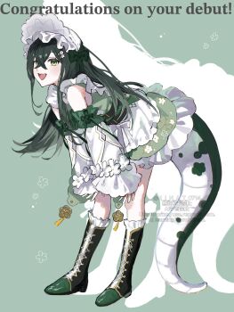 1girl apron bare_shoulders bent_over black_corset blush bonnet boots colored_inner_hair corset crossed_bangs detached_sleeves drop_shadow floral_background floral_print floral_print_kimono flower-shaped_pupils flower_hairpin frilled_bonnet frilled_skirt frilled_socks frills from_side full_body green_background green_boots green_eyes green_hair green_kimono green_ribbon green_tail h_i_n_a_t_0714 hair_ornament hair_ribbon hairclip hands_on_own_knees highres japanese_clothes kimono kimono_skirt knee_boots kneehighs lace-up_boots lizard_tail long_hair long_sleeves looking_at_viewer maid_apron multicolored_hair nijisanji obiage obijime open_mouth print_kimono ribbon skirt sleeves_past_wrists smile socks solo standing symbol-shaped_pupils tail tail_under_clothes tassel togawa_nonoha virtual_youtuber waist_apron watermark white_bonnet white_ribbon white_sleeves