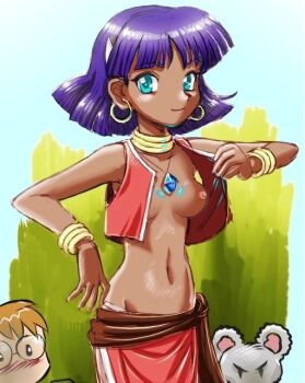 1990s_(style) 1boy 1girl blush bracelet breasts dark_skin e-senmio earrings fushigi_no_umi_no_nadia glasses gradient_background green_eyes jean_roque_raltique jewelry king_(nadia) loincloth nadia_la_arwall navel necklace nipples no_bra purple_hair retro_artstyle vest