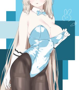 1girl 686panda absurdres asuna_(blue_archive) asuna_(bunny)_(blue_archive) bare_shoulders blonde_hair blue_archive blue_bow blue_bowtie blue_leotard blush bow bowtie breasts cleavage covered_navel detached_collar eyes_out_of_frame gloves head_out_of_frame highleg highleg_leotard highres large_breasts leotard leotard_pull long_hair mole mole_on_breast official_alternate_costume pantyhose parted_lips solo thighband_pantyhose white_gloves