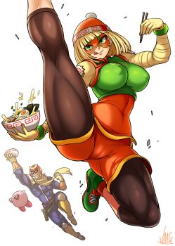 1boy 1girl :d arms_(game) beanie black_leggings blonde_hair bowl breasts cameltoe captain_falcon chopsticks closed_mouth covered_erect_nipples domino_mask eye_mask f-zero food green_eyes hat highres impossible_clothes jmg kicking kirby kirby_(series) large_breasts leg_up leggings legs looking_at_viewer mask min_min_(arms) nintendo noodles open_mouth ramen shoes short_hair shorts simple_background smile sneakers super_smash_bros. thighs tongue tongue_out vest white_background