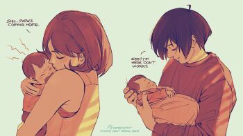 1boy 1girl 1other ahoge baby baby_carry bare_shoulders blue_hair brown_hair carrying carrying_baby carrying_person closed_mouth commentary couple earrings english_commentary facing_another father_and_child flipped_hair from_side if_they_mated jewelry kiss kissing_cheek long_sleeves mother_and_child open_mouth paaaatchieee persona persona_3 profile shirt short_hair signature simple_background sleeveless sleeveless_shirt stud_earrings takeba_yukari upper_body yuuki_makoto_(persona_3)