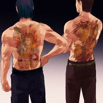 Rule 34 | 2boys, belt, black hair, black pants, brown hair, commentary request, crossed arms, dojima daigo, eyelashes, from behind, gold belt, irezumi, male focus, mine yoshitaka, multiple boys, muscular, muscular male, pants, pinstripe pants, pinstripe pattern, qilin (mythology), ryuu ga gotoku (series), ryuu ga gotoku 3, suit pants, tattoo, topless male, tyag53