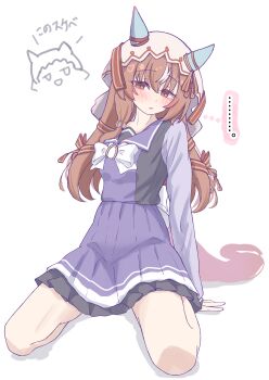 ... 1girl 1other animal_ears blush bow bowtie breasts brown_hair ear_covers ear_ribbon hair_between_eyes hair_ornament highres horse_ears horse_girl horse_tail long_hair long_sleeves looking_at_viewer open_mouth parted_lips purple_sailor_collar purple_serafuku purple_shirt purple_skirt red_eyes sailor_collar sailor_shirt school_uniform seiza serafuku shirt simple_background sitting skirt solo speech_bubble still_in_love_(umamusume) tail tofu_thunder tracen_school_uniform umamusume veil white_background white_bow white_bowtie white_veil
